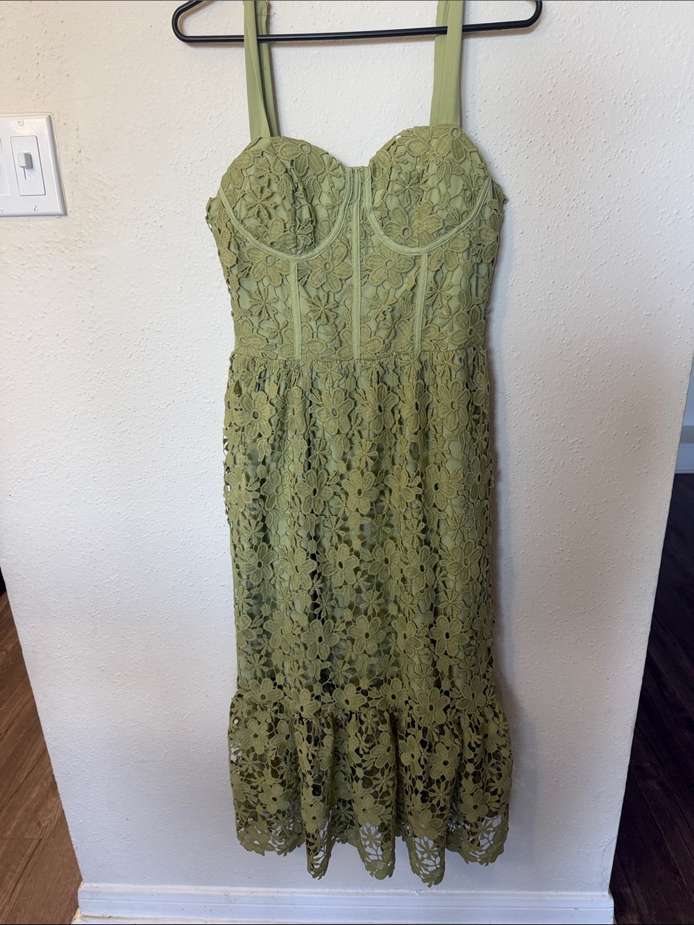 Alice Blue Olive Green Lace Midi Dress with Floral Crochet